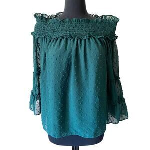 Entro Women's Green Swiss Dot Chiffon Lined Off Shoulder Blouse Size Medium